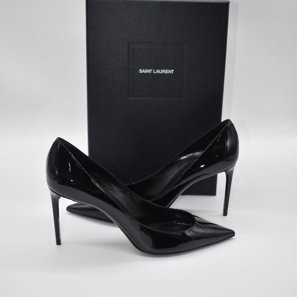 Saint Laurent Zoe 85 Black Patent Leather Heels Pumps Size 37.5 US 7 - Picture 1 of 16